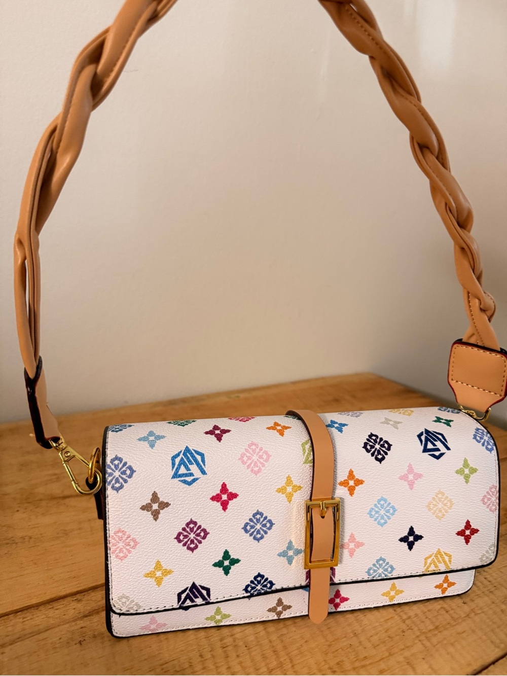 White Multicolor Logo Print Shoulder Bag with Tan Strap